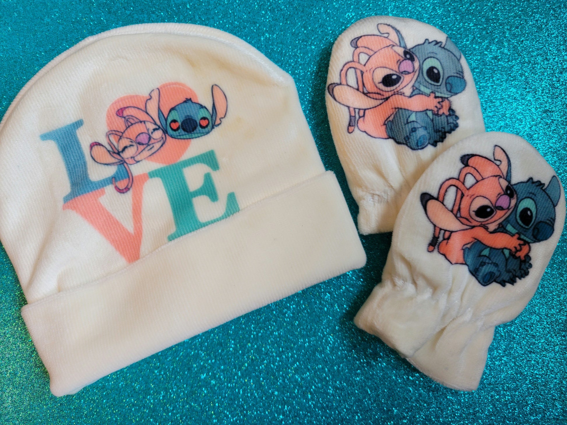 Stitch &  Angel Newborn Hat & Mitts image 0