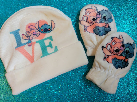Stitch &  Angel Newborn Hat & Mitts image 0